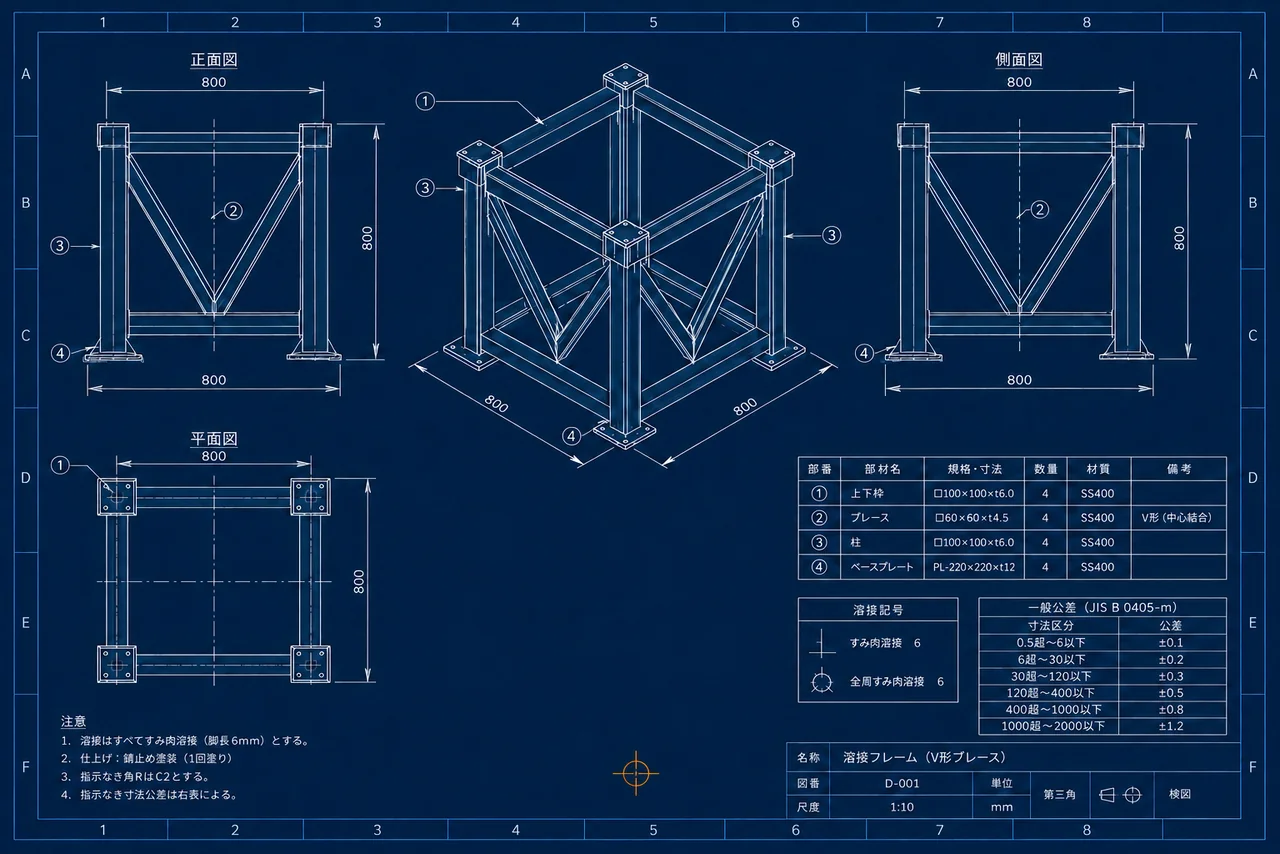 鉄骨架台の製作図面イメージ